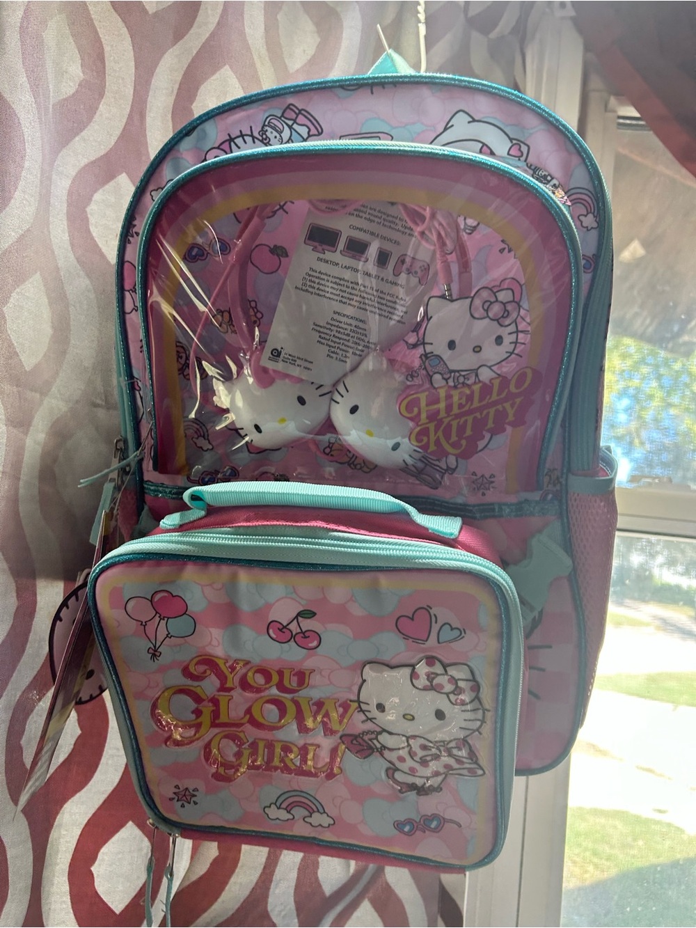 Hello Kitty Pink & Teal Kids Backpack with You Glow Girl Front Pocket
